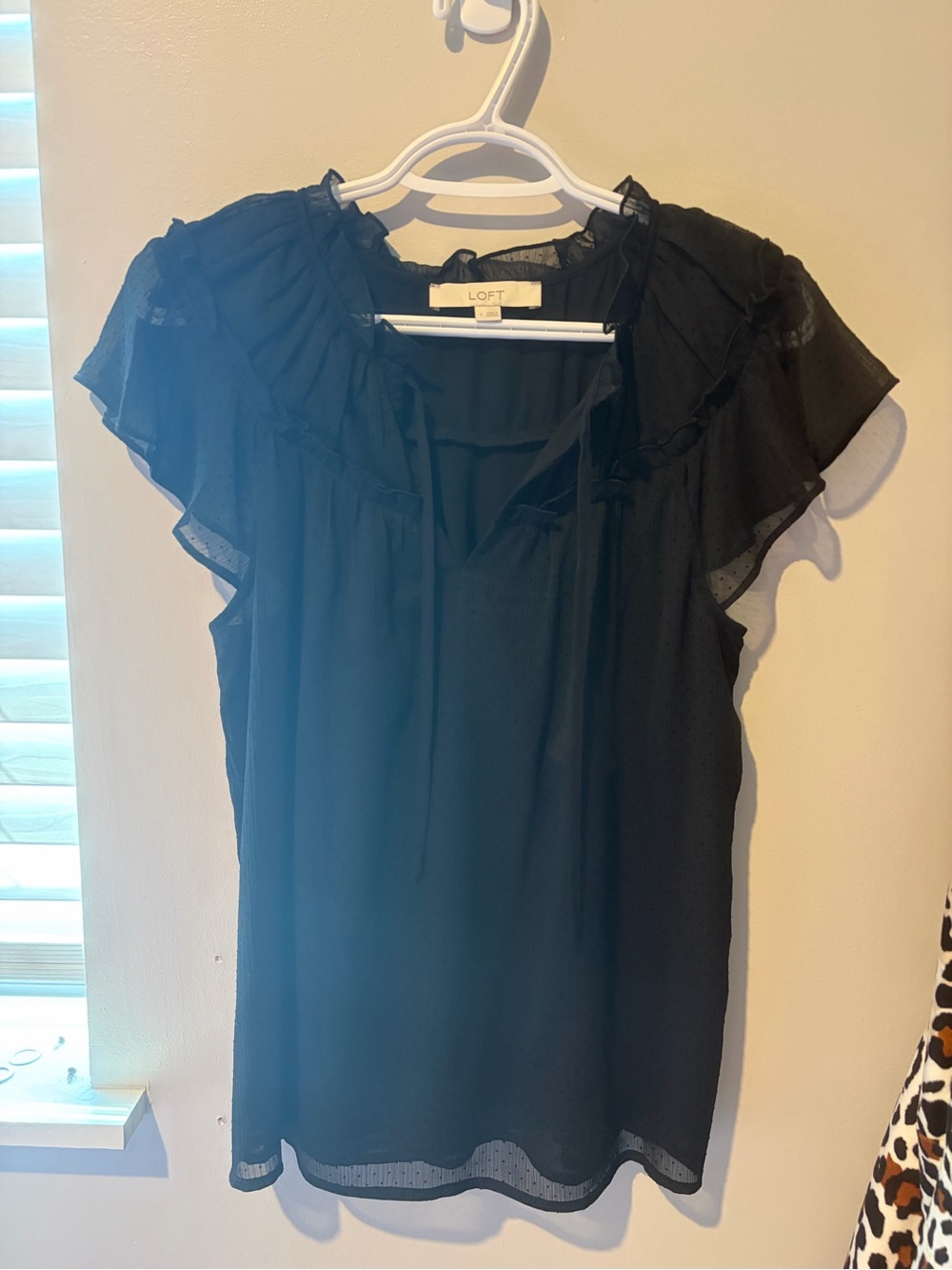 LOFT Black Ruffle-Sleeve Semi-Sheer Blouse